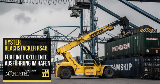 Hyster reachstacker podnosi kontener z ciężarówki